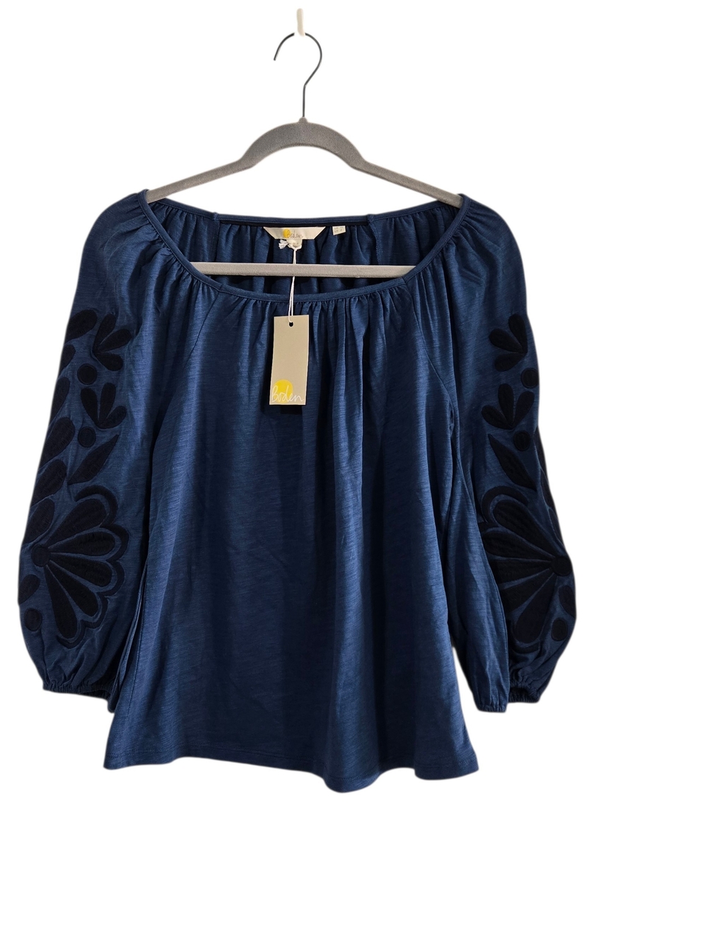 Boden Navy Blue 100% Cotton Embroidered Sleeve Peasant Top Blouse NEW 6
